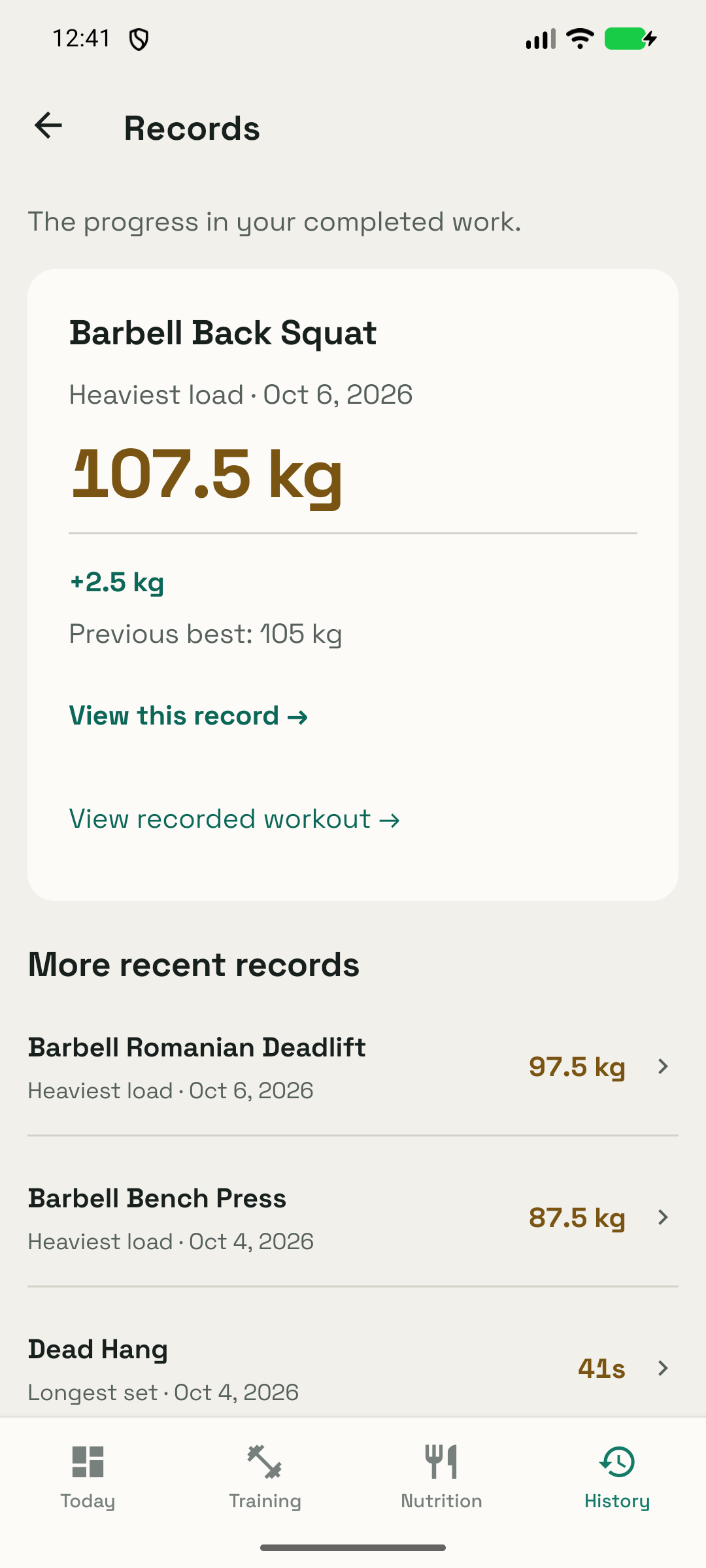 Personal records from completed strength workouts