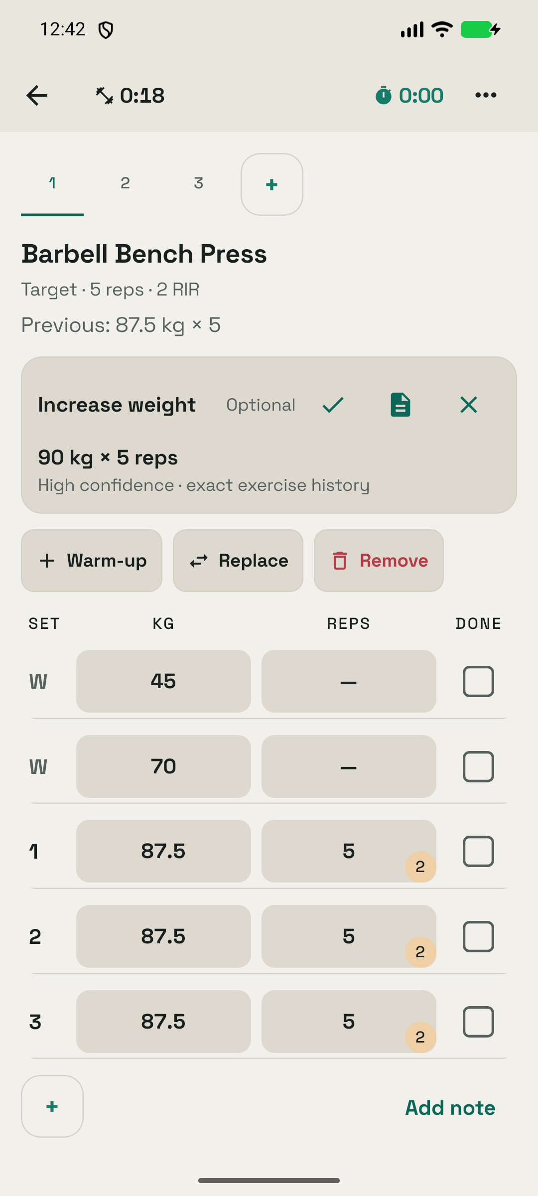 Active strength workout with exercise targets and controls for recording sets