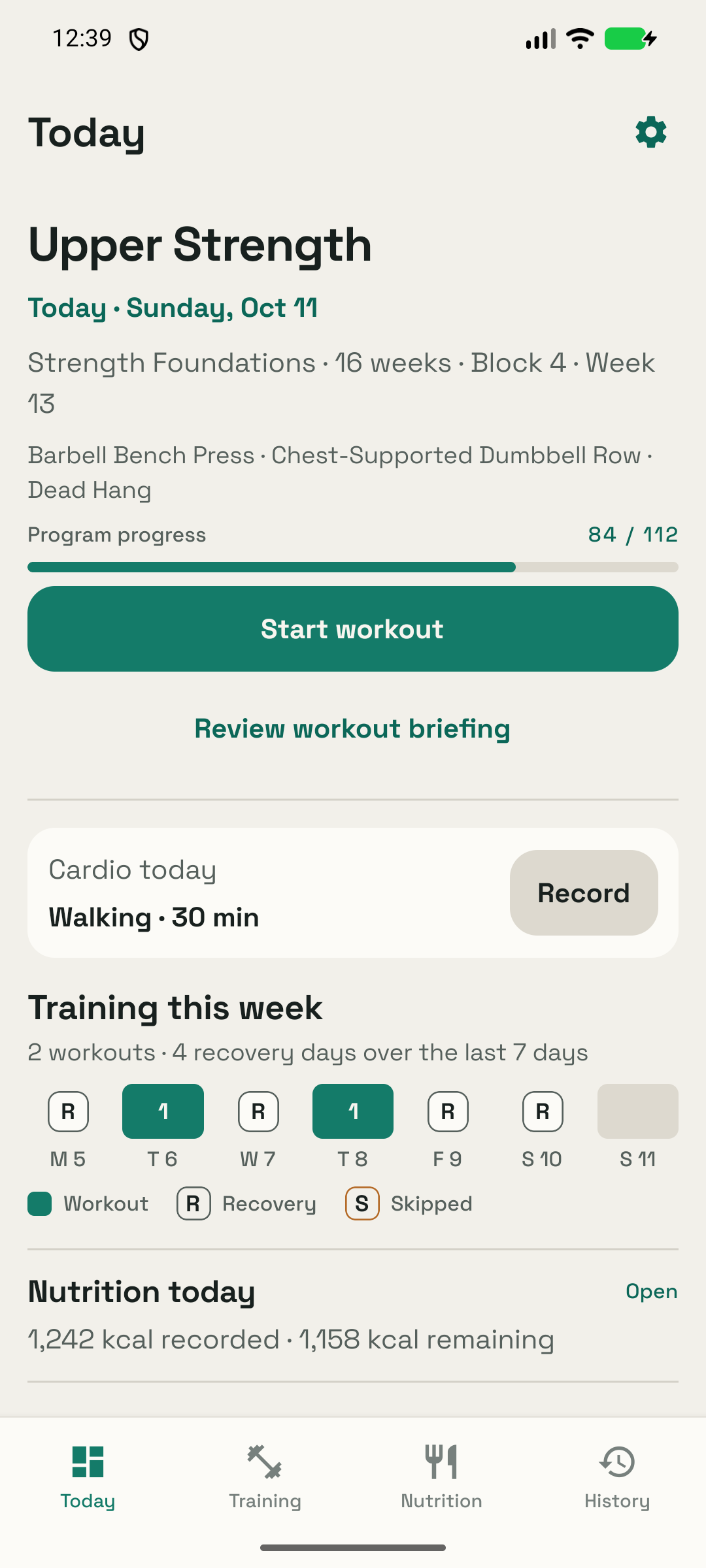Longwork on Android: today's training, nutrition and recent records