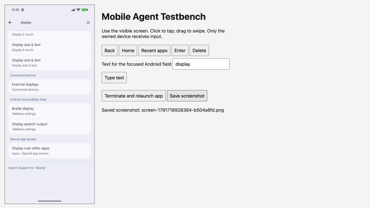 Mobile Agent Testbench showing Android Settings beside controls for navigation, text input, restarting the app and saving screenshots.
